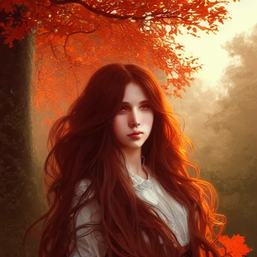 Image similar to girl with super long hair, hair becoming autumn red leaves, intricate, highly detailed, digital painting, artstation, concept art, smooth, sharp focus, illustration, unreal engine 5, 8 k, art by artgerm and greg rutkowski and alphonse mucha