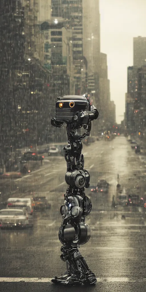 Image similar to robot on the road, city, photo, rain,