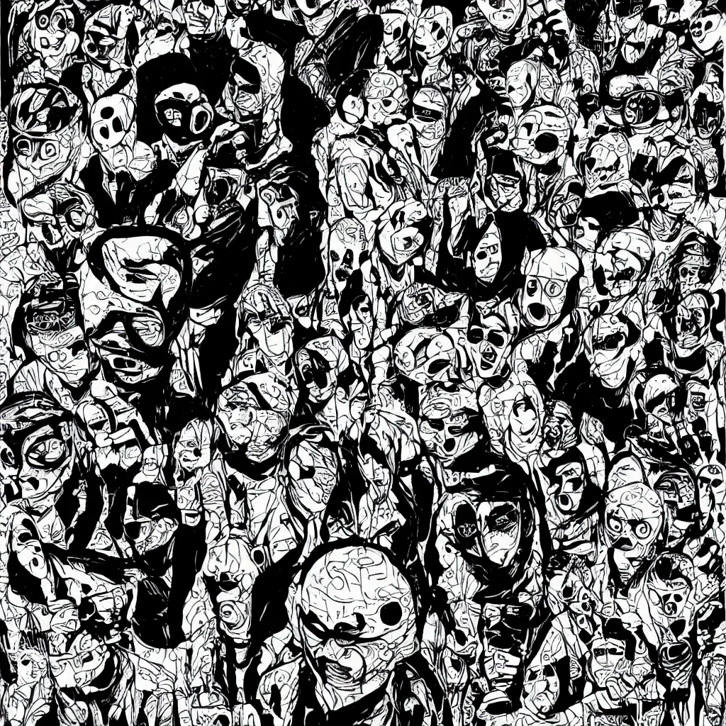 Image similar to faceless human figures, kazuo umezu artwork, jet set radio artwork, stripes, tense, space, skimask, balaclava, ominous, minimal, cybernetic, cowl, dots, stipples, lines, hashing, thumbprint, dark, eerie, circuit board, crosswalks, guts, folds, tearing, painting