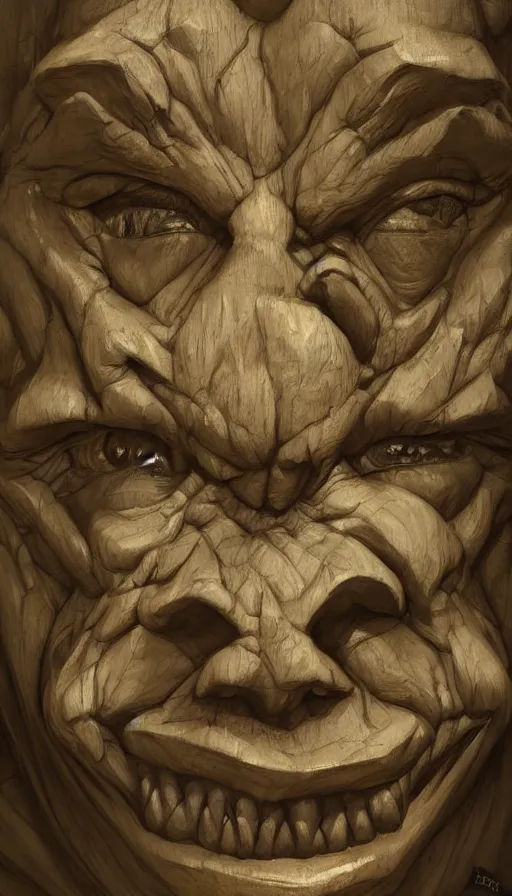 Image similar to wooden gargoyle face forward, looking in the camera, paint texture, digital painting, highly detailed, artstation, sharp focus, sunlit, painted by ruan jia, raymond swanland, lawrence alma tadema, zdzislaw beksinski, norman rockwell, jack kirby, tom lovell, alex malveda, greg staples