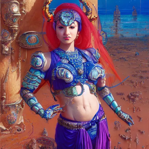 Image similar to cute female bellydancer with 6 arms wearing blue plastic armor, anthropomorphic shiba inu, shiba inu face, stuning 3 d render, masterpiece, glowing holy aura, by donato giancola and greg rutkowski and wayne barlow and zdzisław beksinski, realistic face