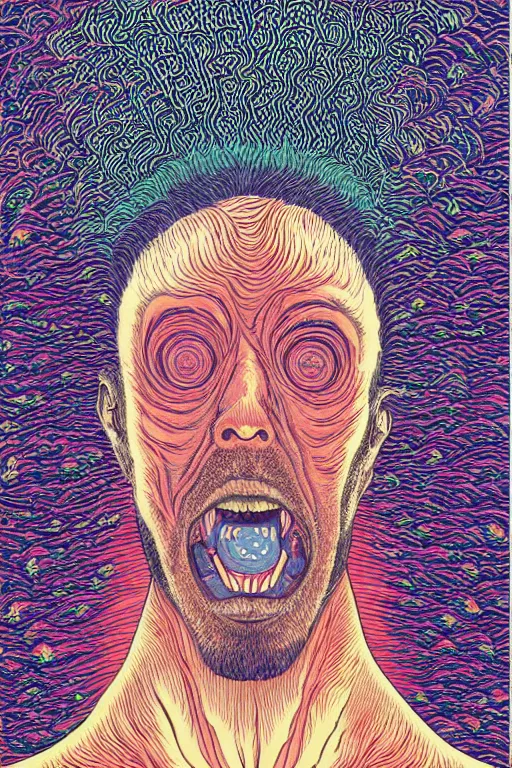 Image similar to man eats a tab of LSD acid on his tongue and dreams psychedelic hallucinations, screenprint by kawase hasui, alex grey and dan hillier, colorful flat surreal design, hd, 8k, artstation