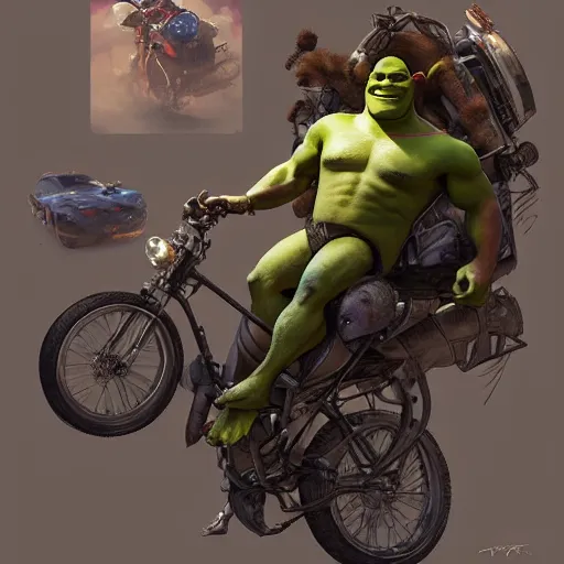 Image similar to shrek rides a bicycle motor and beats vin diesel in fast and furious race while wearing a helmet, highly detailed, digital painting, artstation, concept art, smooth, sharp focus, illustration, art by artgerm and greg rutkowski and alphonse mucha