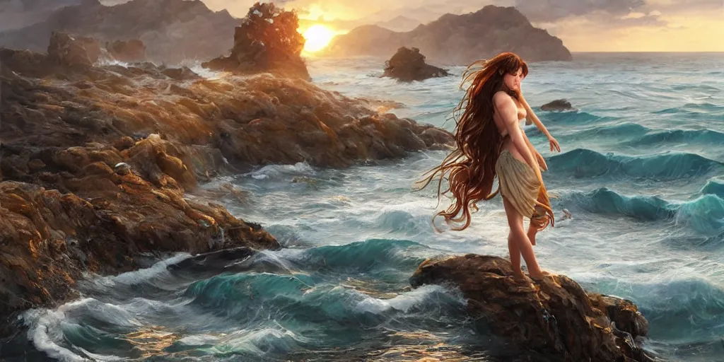 Prompt: ! dream long shot of big sun rough sea and jagged rocks nets, plastic bottles, garbage, sand and sea, with a beautiful girl on the rocks, golden hour, fantasy, hyper realistic, artstation, art by artgerm and sangsoo jeong and john william waterhouse