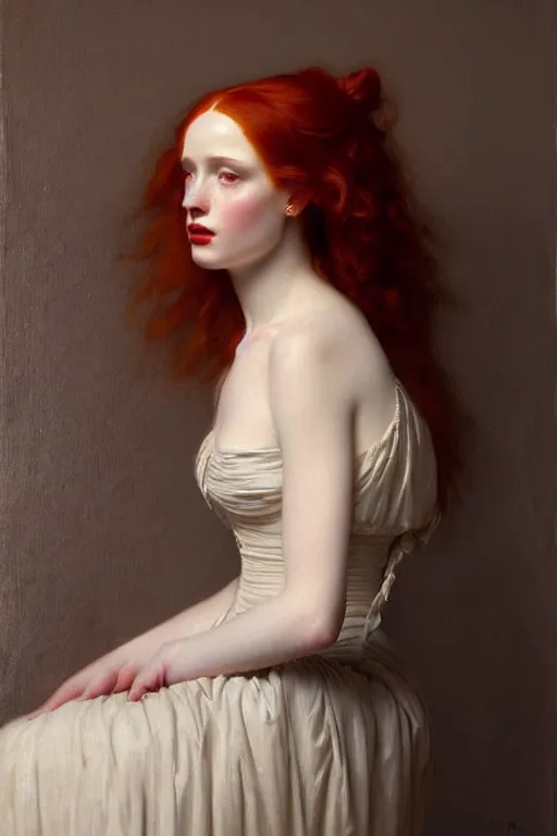 Prompt: portrait en buste Madelaine Petsch in 1800s dress by Roberto Ferri, by Jeremy Lipking, Realism, abundant detail,