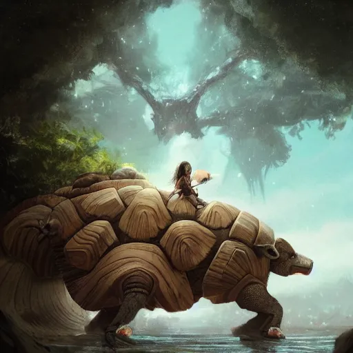 Prompt: yanonami riding a glyptodon, greg rutkowski, digital illustration, concept art, dnd, face, fantasy, intricate, elegant, highly detailed, digital painting, artstation, full body, long shot, cinematic lighting