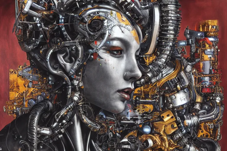 Image similar to queen baroque expressionist cyborg machine goddess, detailed portrait, hd 4k very detailed high dynamic range denoised smoothed upscaled, varnished oil paint on black background with pastel paint splashes in background by katsuhiro otomo