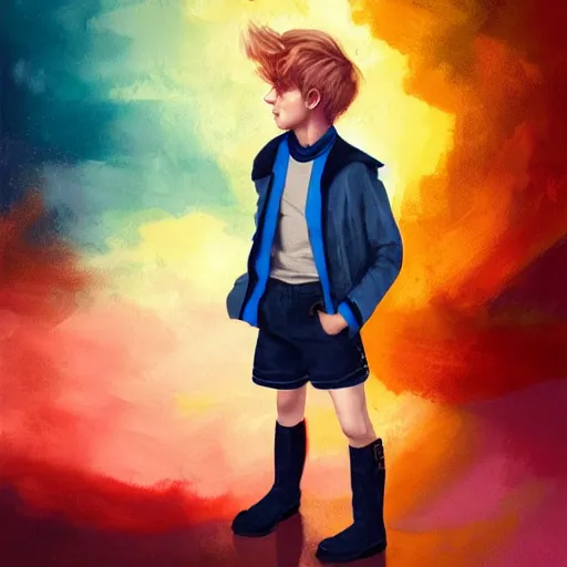 Image similar to colorful and festive captivating young boy with wavy blonde hair, navy blue jacket and blue shorts, with big brown boots. rich vivid colors, ambient lighting, dynamic lighting, 4 k, atmospheric lighting, painted, intricate, highly detailed by charlie bowater