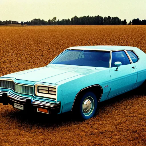 Prompt: A photograph of a beater!!!!!!!!! Powder Blue Dodge Aspen (1976) in a farm field, photo taken in 1989