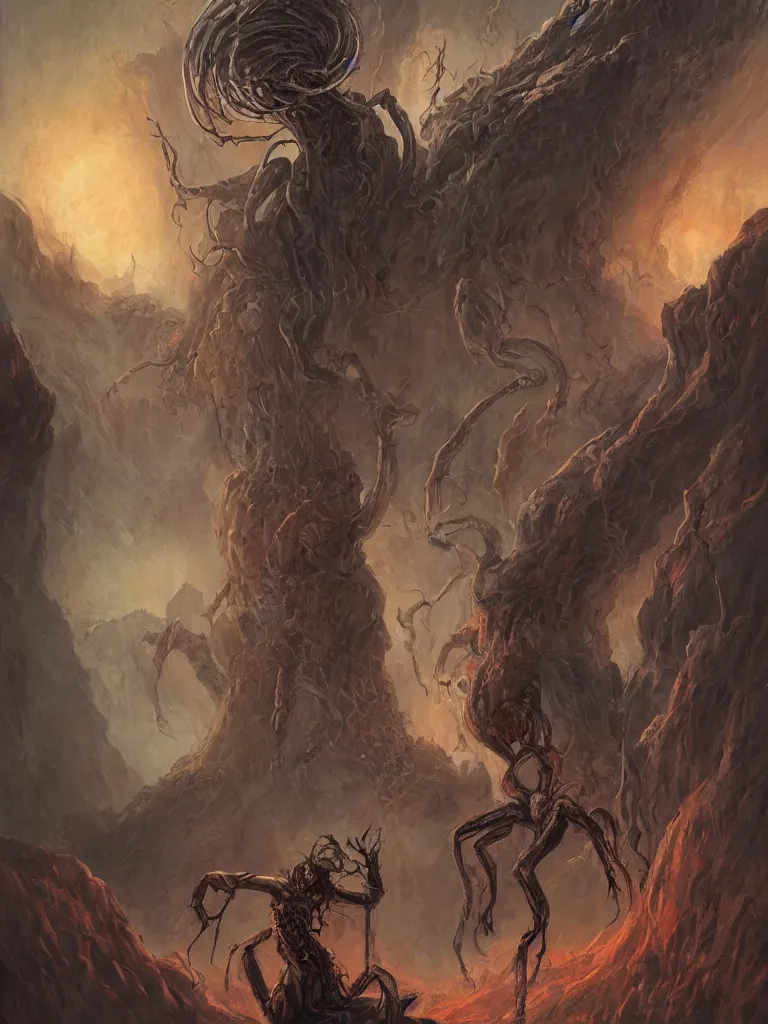 Prompt: An epic fantasy comic book style portrait painting of a monster woman with needle hair and huge spider legs crawling out of a volcano, RPG portrait, by Anato Finnstark, by Randy Vargas, by Bayard Wu, by Wayne Barlowe