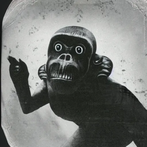 Image similar to tintype photo, underwater, King Kong and a squid