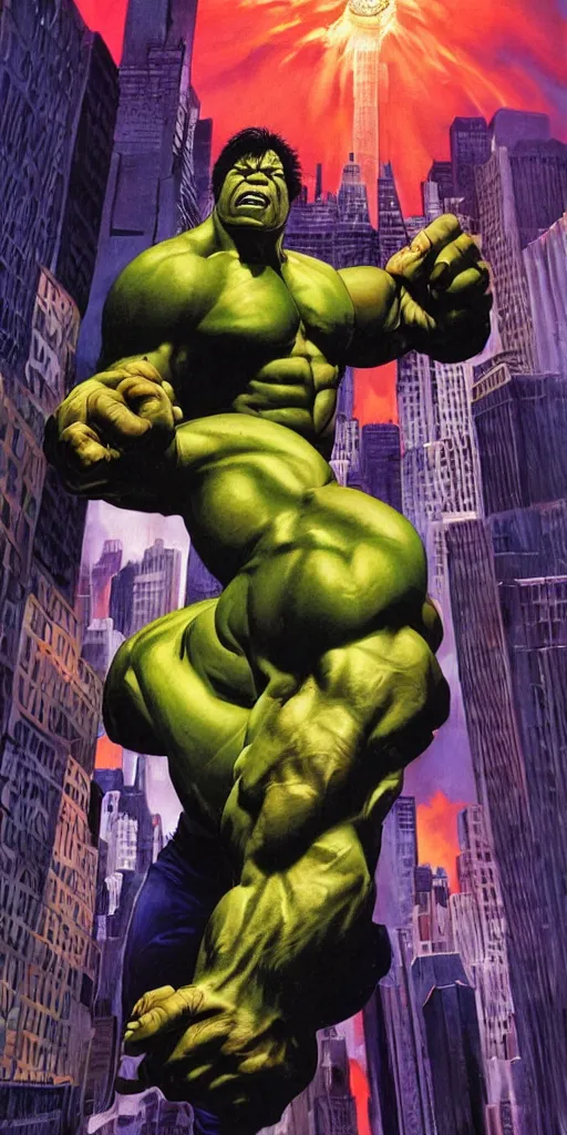 Image similar to a portrait of the incredible hulk looking angry in new york city by alex ross dramatic lighting.