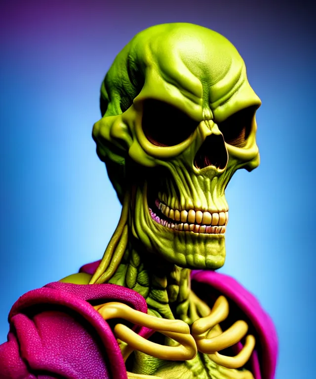 Image similar to hyperrealistic rendering, skeletor, by art of skinner and richard corben and jeff easley, product photography, action figure, sofubi, studio lighting, colored gels