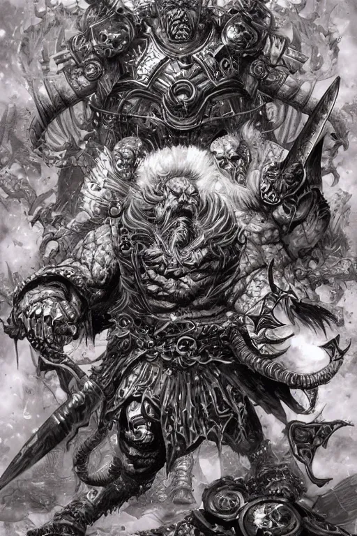 Image similar to chaos dwarf, fantasy, warhammer, highly detailed, digital art, sharp focus, trending on art station, kentaro miura manga art style