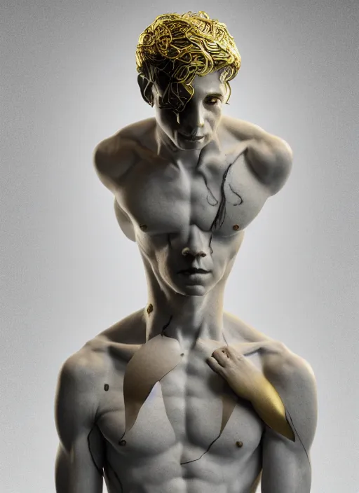 Prompt: a statue made of white marble with gold veins, of john linnell from they might be giants, transhumanism, full body shot, perfect symmetrical body, perfect symmetrical face, hyper realistic, hyper detailed, by johannen voss, by peter kemp, by monia merlo, by michelangelo, octane render, blender, 8 k