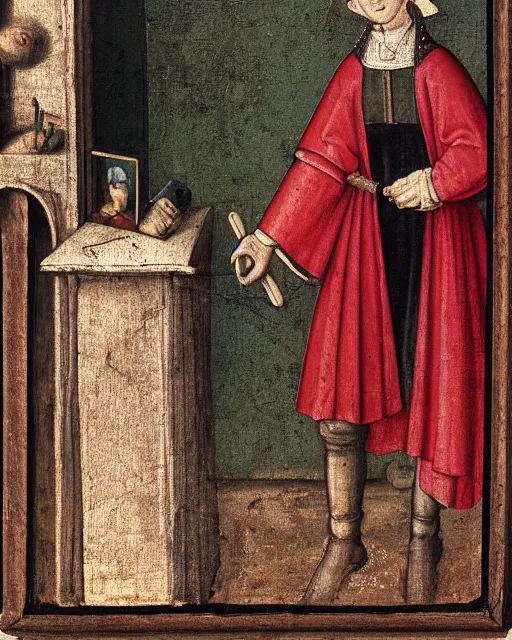 Prompt: a 1 5 th century medieval oil painting of a an iphone on a wireless charger, c. 1 4 7 8. high quality scan