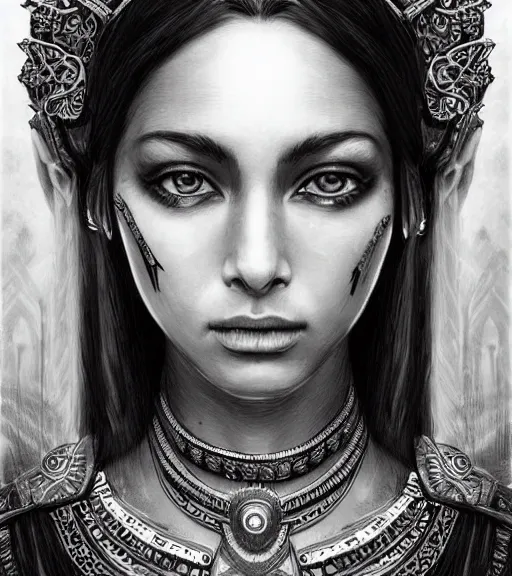 Image similar to beautiful intricate exquisite mayan princess realistic face, beautiful eyes, black and white drawing, in the style of greg rutkowski, fantasy, amazing detail, epic, intricate, elegant, smooth, sharp focus