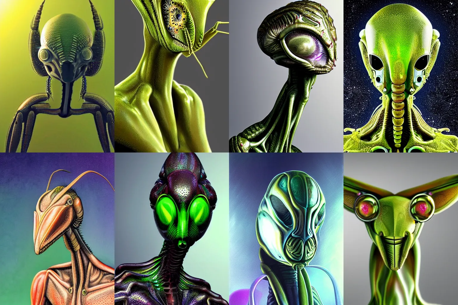 Prompt: organic alien in the form of mantis head, fullbody, hyperrealism, realistic photo, ultra detailed, surreal, heavy, technology, symmetrical front, dramatic lights, space parasite, frightening