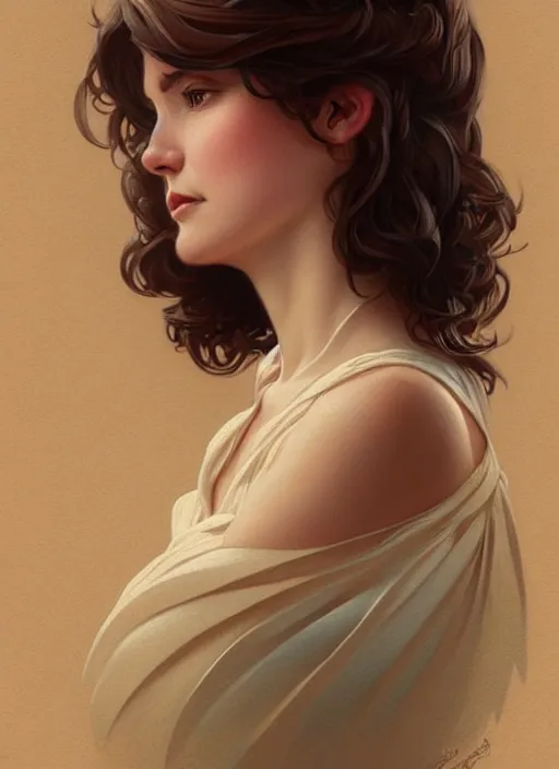 Image similar to full body portrait of a woman with short wavy hair, round face, cottagecore!!, small cup size lake water, intricate, enlightenment, highly detailed, digital painting, artstation, concept art, smooth, sharp focus, illustration, art by artgerm and greg rutkowski and alphonse mucha