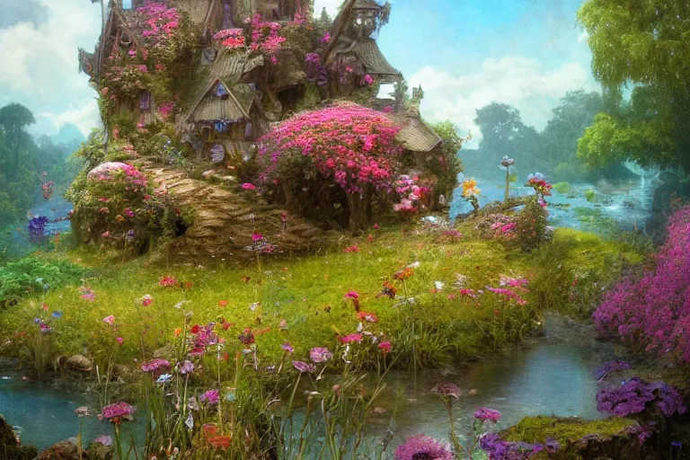 Image similar to wide angle view, a beautiful digital painting of a fairy rock house in a river, flowers, beautiful tranquil day, vivid colors, by greg rutkowski, brian froud, peter mohry, jean - baptiste monge, and alphonse mucha, symmetry, complementary colors, ink illustration, trending on artstation