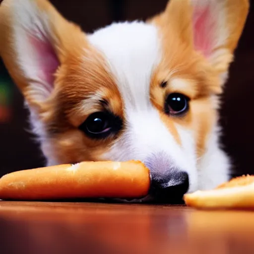 Prompt: a corgi puppy eating a hotdog