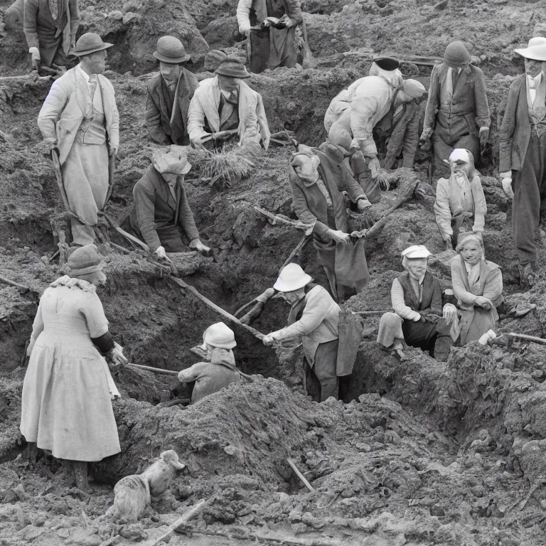 Prompt: human archaeologists with badger's faces in the style of beatrix potter, in 1940s suits digging at the sutton hoo ship burial, rendered as a black & white photo