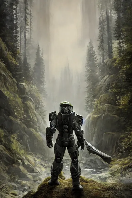 Image similar to asland playing as master chief in narnia, oil on canvas, intricate, portrait, 8 k highly professionally detailed, hdr, cgsociety