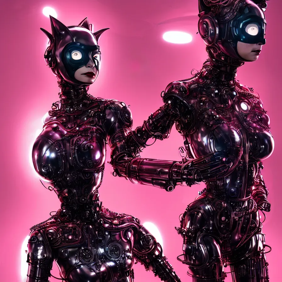 Image similar to bjork in form of catwoman, vogue, red biomechanical, inflateble shapes, wearing epic bionic cyborg implants, masterpiece, intricate, biopunk futuristic wardrobe, highly detailed, artstation, concept art, background galaxy, cyberpunk, octane render