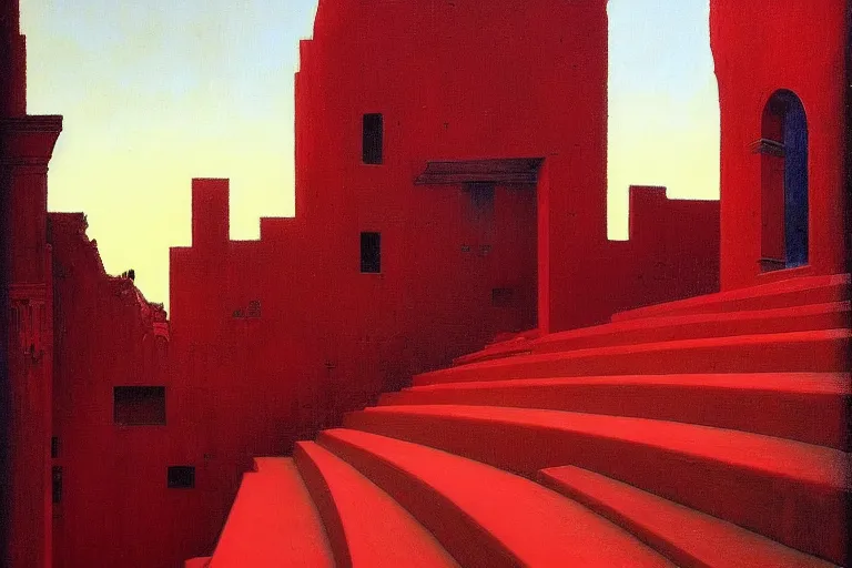 Image similar to only with red, a red great emperor, taormina amphitheatre, crowd with big smile, in the style of beksinski, parts by edward hopper, parts by rodcenko, parts by yue minjun, intricate and epic composition, red by caravaggio, insanely quality, highly detailed, masterpiece, red light, artstation, 4 k