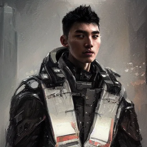 Image similar to Portrait of a man by Greg Rutkowski, he is about 20 years old, korean, short black hair, young, manly, attractive, tall and slim, smart looking, he is wearing futuristic military fatigues, highly detailed portrait, scifi, digital painting, artstation, concept art, smooth, sharp foccus ilustration, Artstation HQ