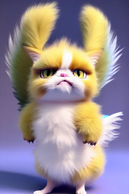Prompt: high quality 3 d render hyperrealist very cute pastel fluffy! grumpy griffin cat hybrid with wings!, vray smooth, in the style of detective pikachu, hannah yata charlie immer, dramatic yellow light, low angle, uhd 8 k, sharp focus