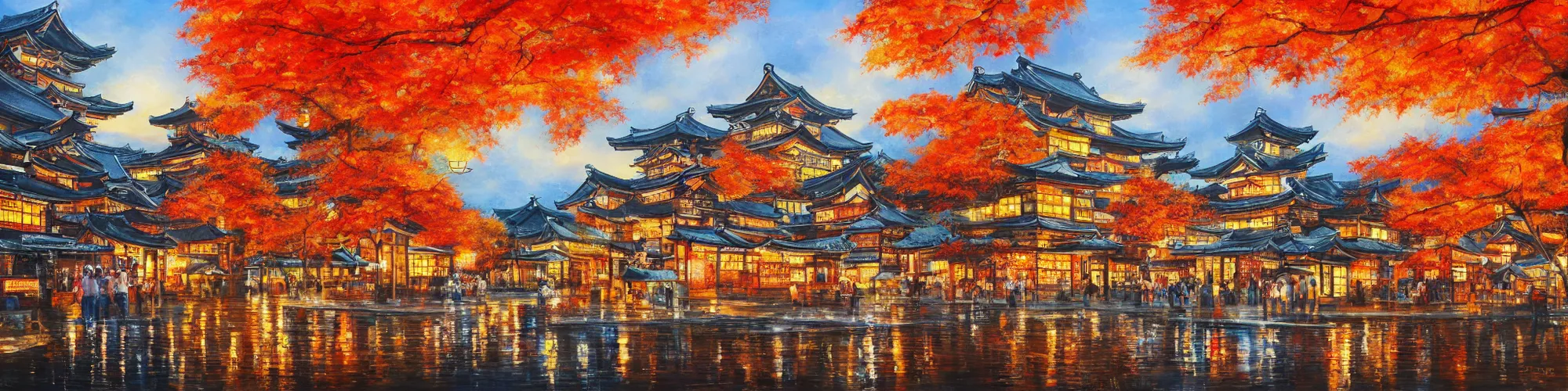 Image similar to painting of autumn japanese city landscape during night, award winning painting, beautiful, breathtaking, stunning scenery, trending on artstation, masterpiece