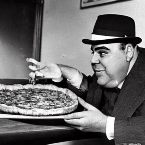 Prompt: Al Capone eating Chicago style deep dish pizza