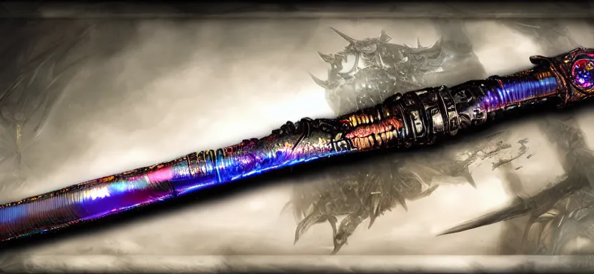 Image similar to legendary cybernetic sword lying flat on a glowing table with a long sharp black and iridescent sword blade, digital award winning hd matte painting, intimate dark moody, intricate, ornate spikes, colorful hilt, detailed realistic, raytraced blade, colored gems, future golden technological pommel, in the style of greg rutkowski and krenz cushart, deviantart