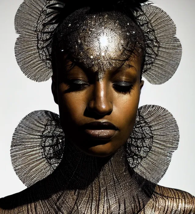 Prompt: photography face profil portrait of a beautifull black woman, half in shadow, natural pose, natural lighing, rim lighting, no flash, wearing an ornate transparent and metallic costume with feathers and cloth convolutions by iris van herpen, highly detailed, skin grain detail, high detail, photography by by paolo roversi, creativity in fashion design