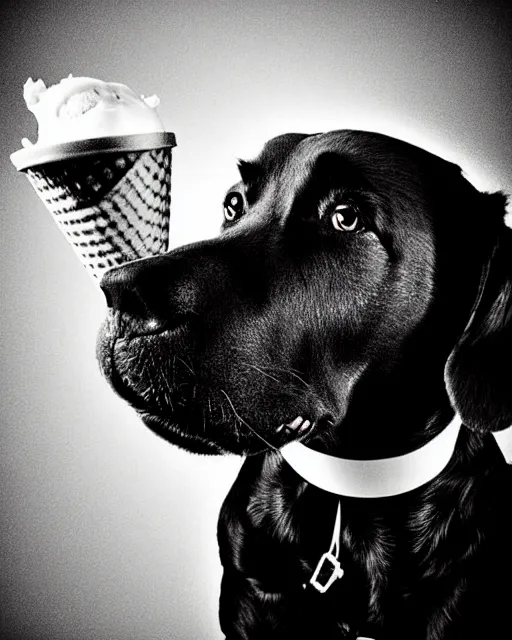 Image similar to portrait of a dog with ice cream dripping from its nose, detailed medium format photo, polaroid still, black and white, helmut newton, high production value, intricate details, high resolution, hyperrealistic, hdr, high definition, award winning photography, masterpiece, ultra realistic, highly detailed, hd, sharp focus, cinematic lighting, shaded, non blurry, sharp, smooth