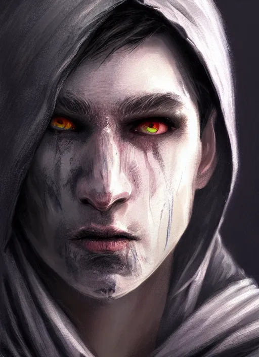 Prompt: young pale rogue man, hood in face, rings under eyes, confused, whimsical, portrait in the style of justin sweet, macro lens, shallow depth of field, highly detailed, digital painting, trending artstation, concept art, illustration, cinematic lighting, vibrant colors, photorealism, epic, octane render, magic the gathering artwork, centered