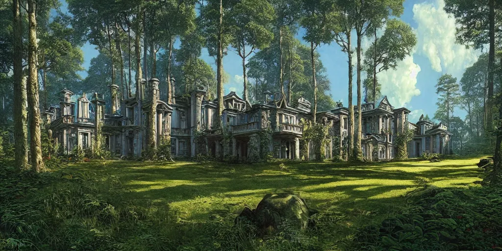 Prompt: hyper realistic mansion in the woods, gorgeous lighting, blue sky, highly detailed, lush forest by zdzisław beksinski and norman rockwell and greg rutkowskiweta studio, and lucasfilm