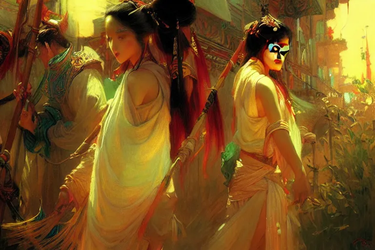 Image similar to wuxia, summer, neon light, painting by gaston bussiere, craig mullins, j. c. leyendecker