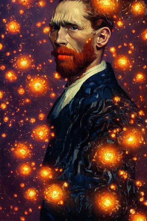 Prompt: portrait of van goh with flowers pouring everywhere, staring directly into camera, symmetrical face, intricate, elegant, glowing lights, highly detailed, digital painting, artstation, sharp focus, illustration, art by wlop, mars ravelo and greg rutkowski