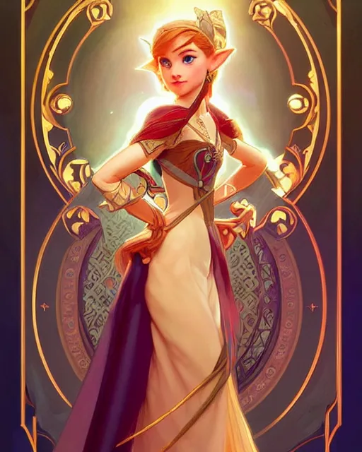 Image similar to portrait of disney zelda, intricate, elegant, highly detailed, my rendition, digital painting, artstation, concept art, smooth, sharp focus, illustration, art by artgerm and greg rutkowski and alphonse mucha and uang guangjian and gil elvgren and sachin teng and wlop, symmetry!!