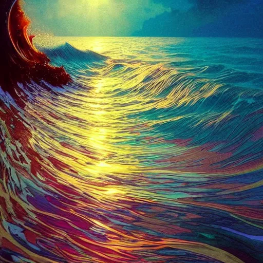 Prompt: fantastically psychedelic ocean wave, vivid water, ripples, backlit, sunset, refracted lighting, outdoors, elegant, highly detailed, lifelike, photorealistic, digital painting, artstation, illustration, smooth, sharp focus, art by collier, albert aublet, artem demura alphonse mucha