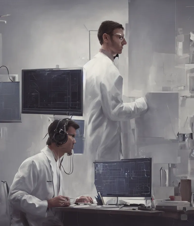 Image similar to a cloes up portrait of a researcher in a white coat in front of a computer and screens in a painting from stalenhag, 4 k, 8 k, hdr, artstation