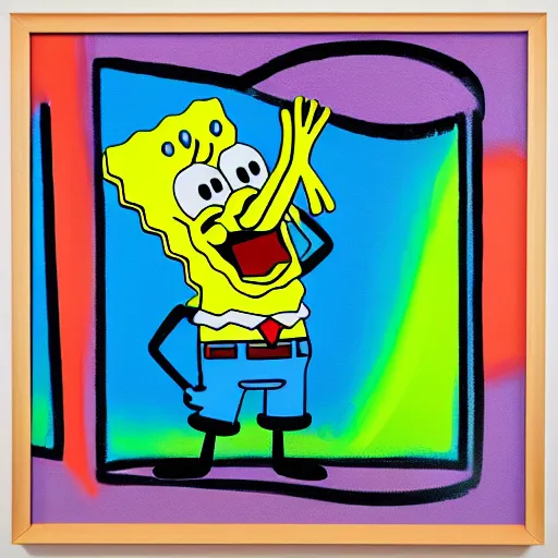 Image similar to an acrylic painting of SpongeBob by KAWS, wild brush strokes, beautiful gradients, mixed media, award winning painter, symmetrical design 8k painted by KAWS