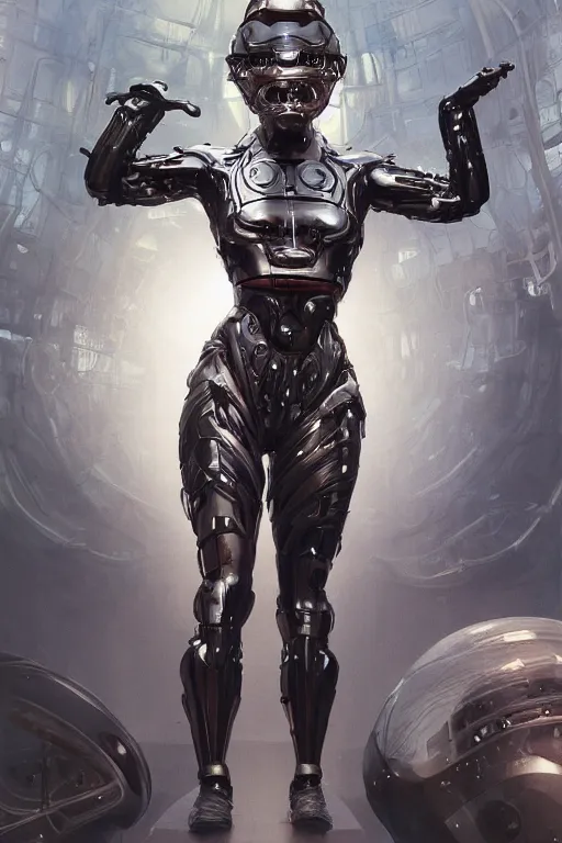 Prompt: a girl in a closed helmet in a shiny biopunk costume consisting of swollen muscles, tendons, metal joints, protruding pistons. masterpiece 4k digital illustration by Ruan Jia and Mandy Jurgens and Artgerm and william-adolphe bouguereau, award winning, Artstation, art nouveau aesthetic, black background, intricate details, realistic, Hyperdetailed, 8k resolution, intricate art nouveau