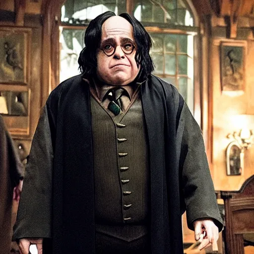 Prompt: Danny Devito as Serverus Snape, still image from Harry Potter movie