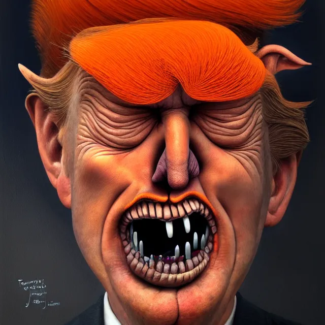 Image similar to gediminas pranckevicius | close up portrait of a evil trump with orange hair in the sinister valley of despair, one mouth, one nose, two eyes, oil painting by tomasz jedruszek, cinematic lighting, pen and ink, intricate line, hd, 4 k, million of likes, trending on artstation