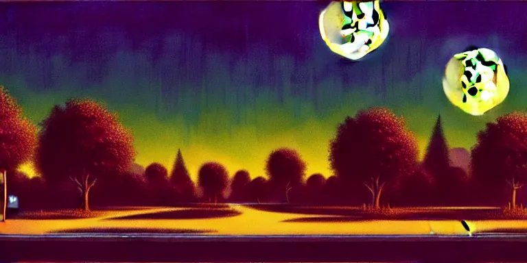 Image similar to cinematic keyframe matte painting of the trees 1 9 7 0 s vaporwave rust belt city at dusk full moon, just after the rain has cleared. by eric lafforgue, glennray tutor and edward hopper, greg rutkowski. trending on artstation.