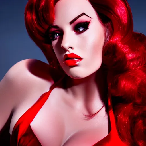 Prompt: modeling photograph full body jessica rabbit in her signature red dress, femme fatale, beautiful, dark, mysterious, detailed flawless face, dramatic darkroom lighting high exposure, head and shoulders 8 0 mm camera