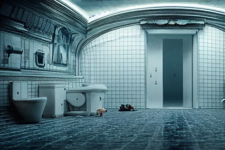 Image similar to hyperrealism aesthetic ridley scott photography of detailed ultra huge toilet in surreal scene from detailed art house movie in style of denis villeneuve and wes anderson